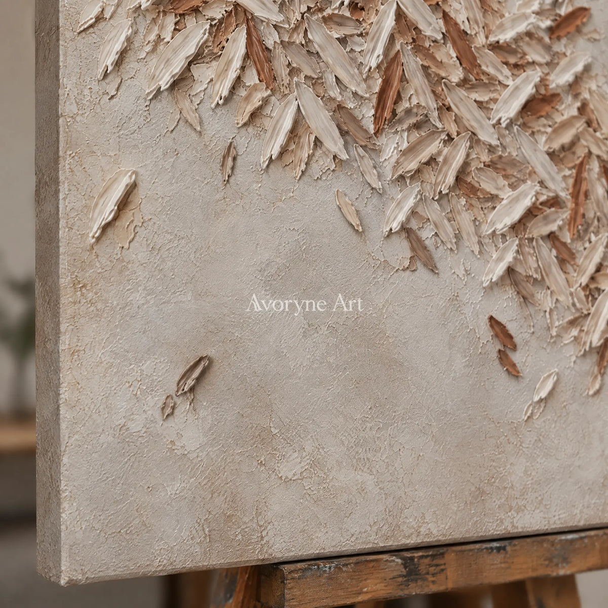 Close-up of the hand-painted texture of Quiet Rhythm relief mosaic wall art on an easel