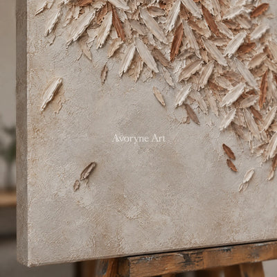 Close-up of the hand-painted texture of Quiet Rhythm relief mosaic wall art on an easel