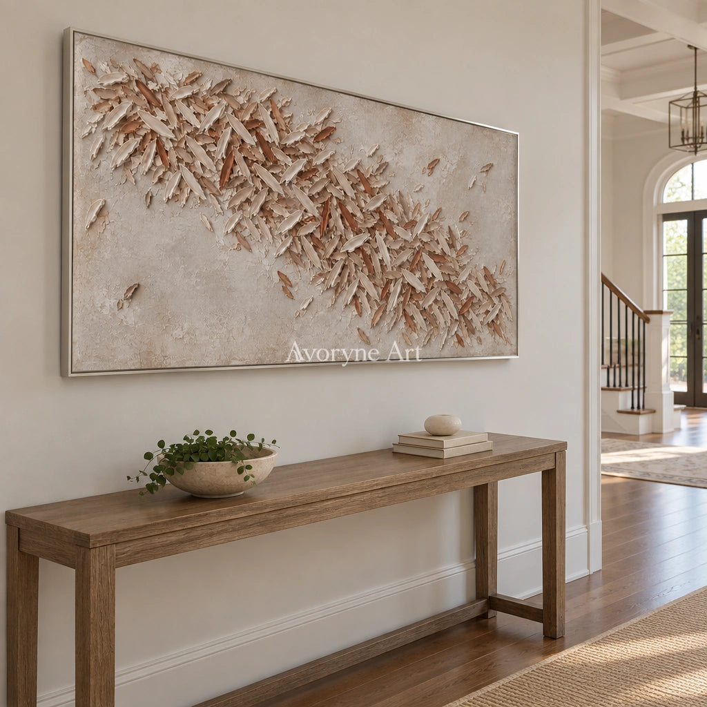 Quiet Rhythm relief mosaic wall art with a silver frame in an entryway