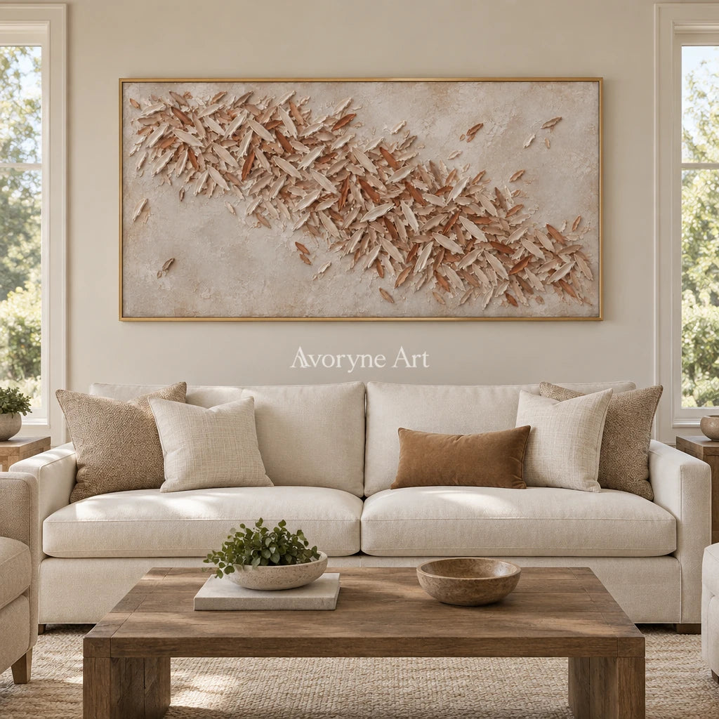 Quiet Rhythm relief mosaic wall art with a gold frame hanging in a living room