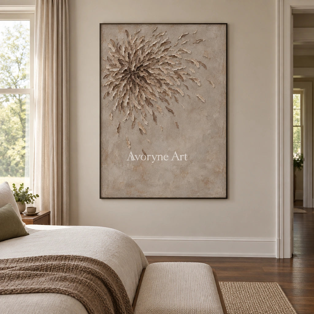 Quiet Mosaic relief mosaic wall art with a black frame above a bed in a bedroom
