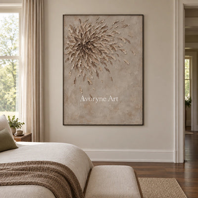 Quiet Mosaic relief mosaic wall art with a black frame above a bed in a bedroom