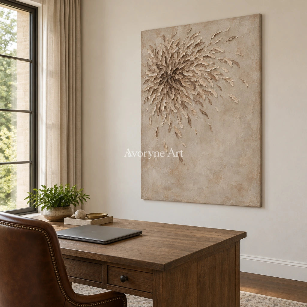 Quiet Mosaic relief mosaic wall art as a frameless stretched canvas in a home office