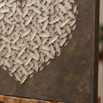 Close-up of the hand-painted texture of Quiet Verse relief mosaic wall art on an easel