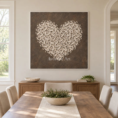 Quiet Verse relief mosaic wall art with a white frame in a dining room
