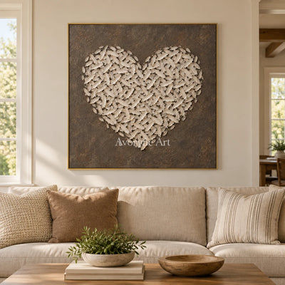 Quiet Verse relief mosaic wall art with a gold frame hanging in a living room