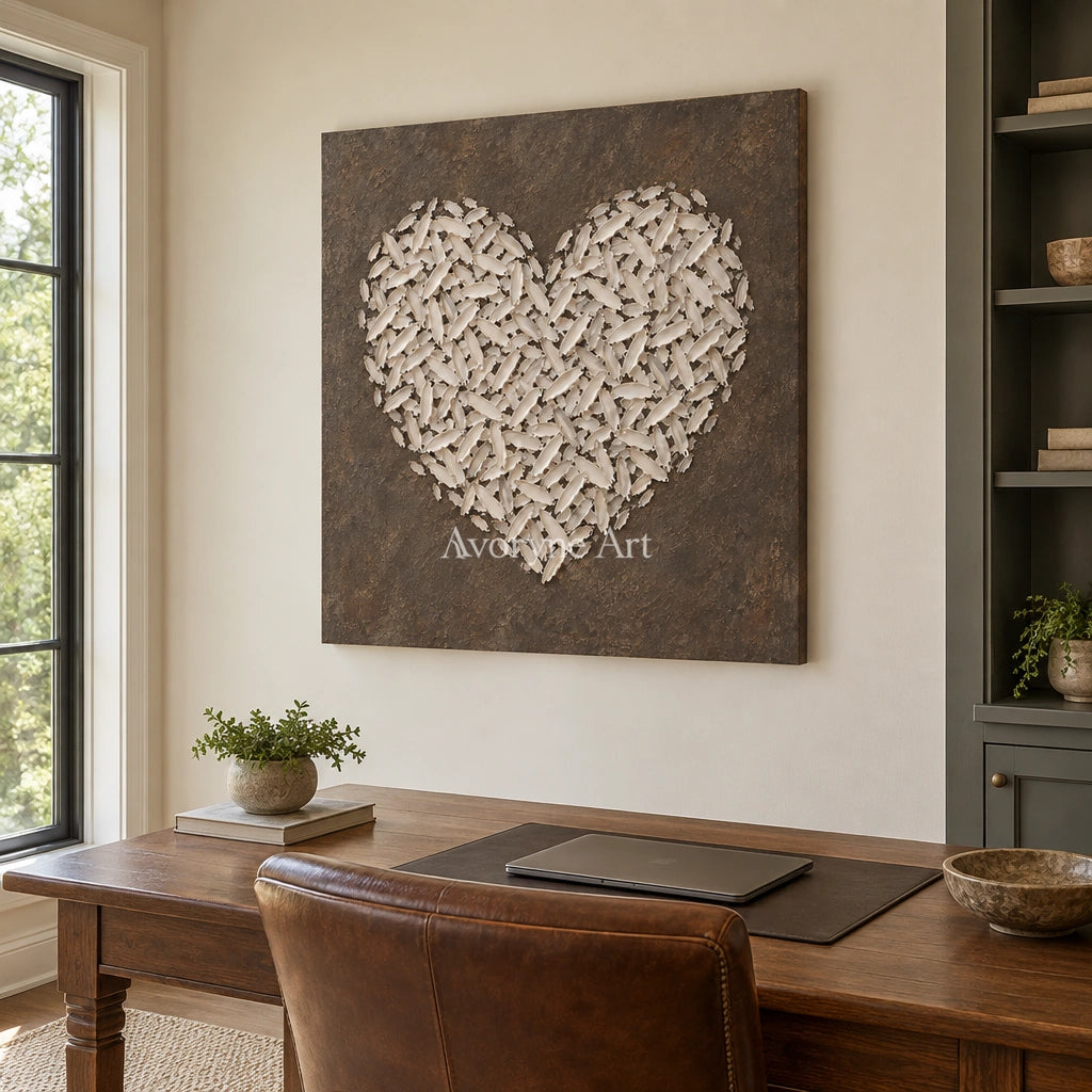 Quiet Verse relief mosaic wall art as a frameless stretched canvas in a home office