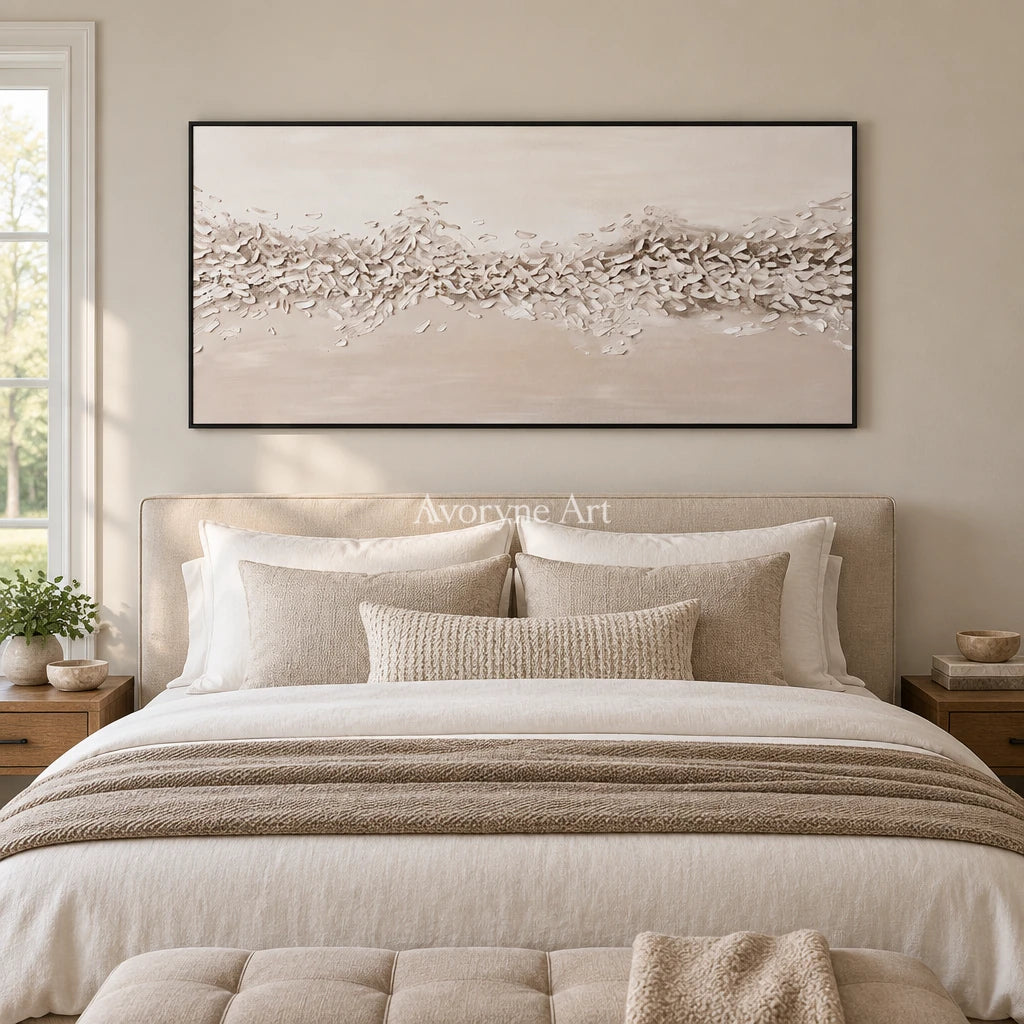 Quiet Reverberation relief mosaic wall art with a black frame above a bed in a bedroom