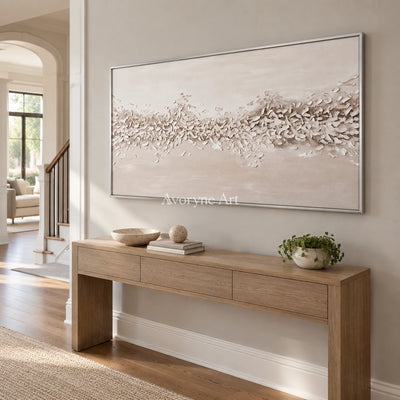 Quiet Reverberation relief mosaic wall art with a silver frame in an entryway