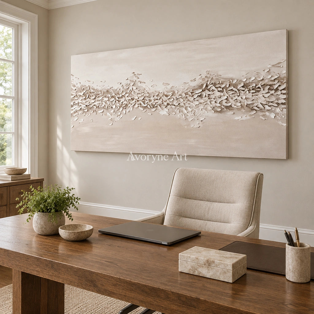 Quiet Reverberation relief mosaic wall art as a frameless stretched canvas in a home office