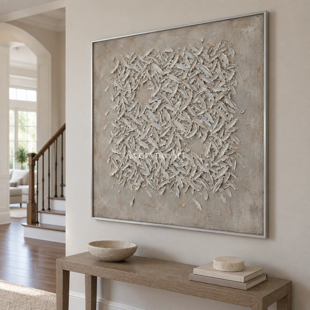 Amber Passage relief mosaic wall art with a silver frame in an entryway