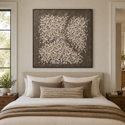 Amber Interval relief mosaic wall art with a black frame above a bed in a bedroom