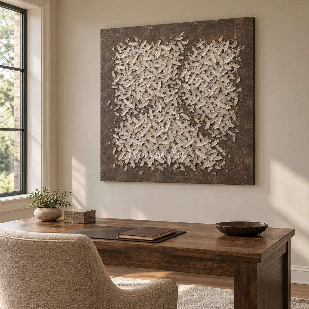 Amber Interval relief mosaic wall art as a frameless stretched canvas in a home office