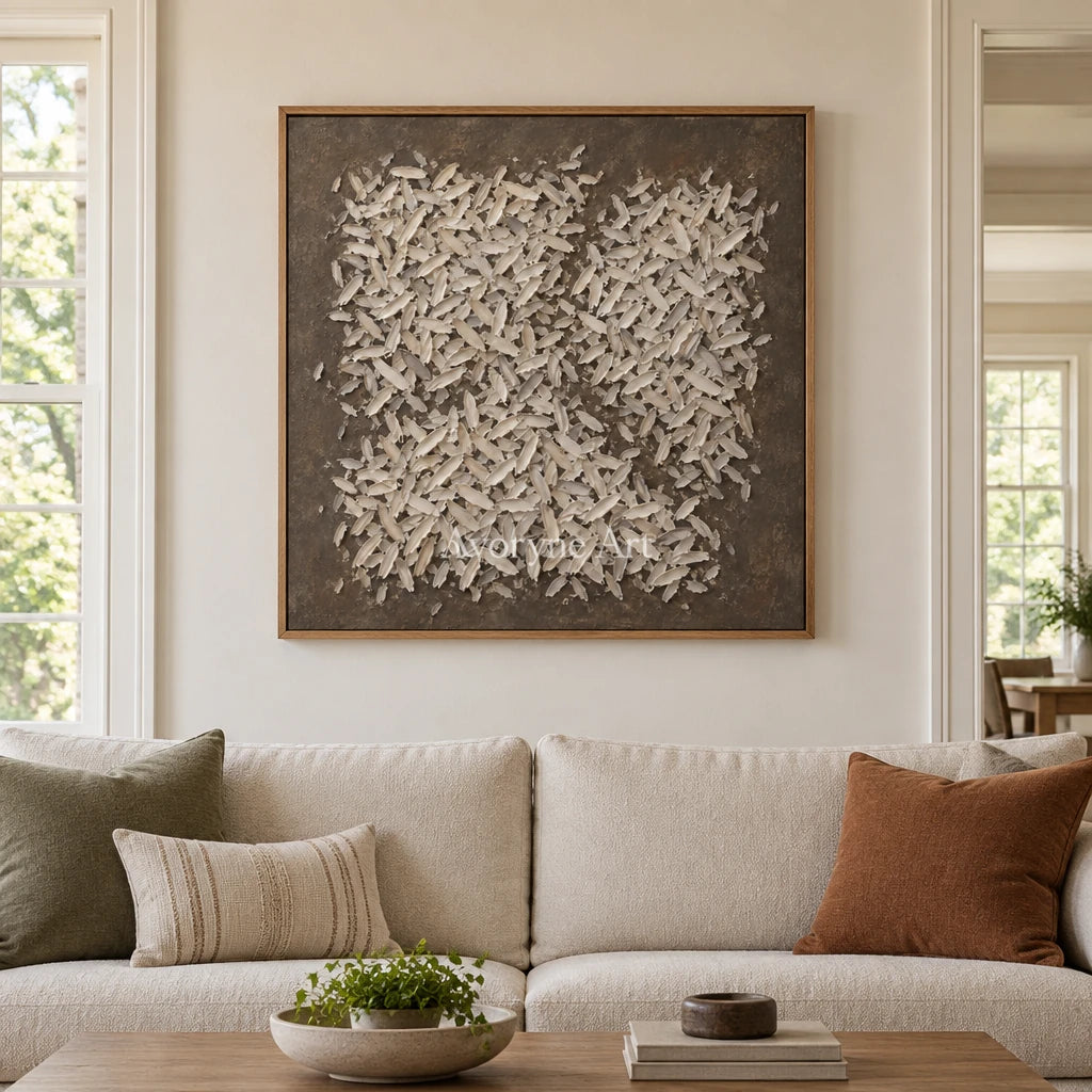 Amber Interval relief mosaic wall art with a wood frame in a villa living space