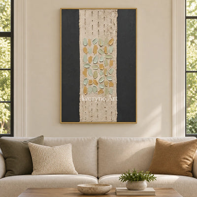 Soft Rhythm relief mosaic wall art with a gold frame hanging in a living room