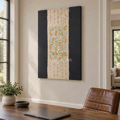 Soft Rhythm relief mosaic wall art as a frameless stretched canvas in a home office