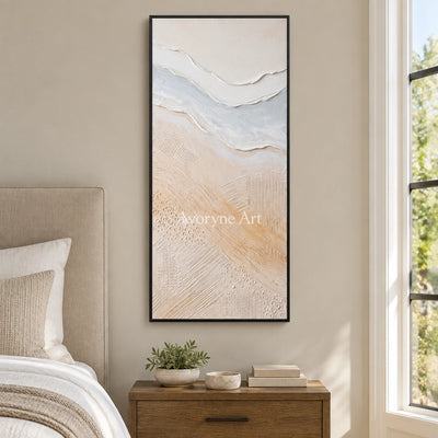 Quiet Trace ripple relief wall art with a black frame above a bed in a bedroom