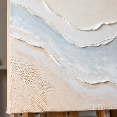 Close-up of the hand-painted texture of Quiet Trace ripple relief wall art on an easel