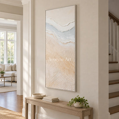Quiet Trace ripple relief wall art with a silver frame in an entryway