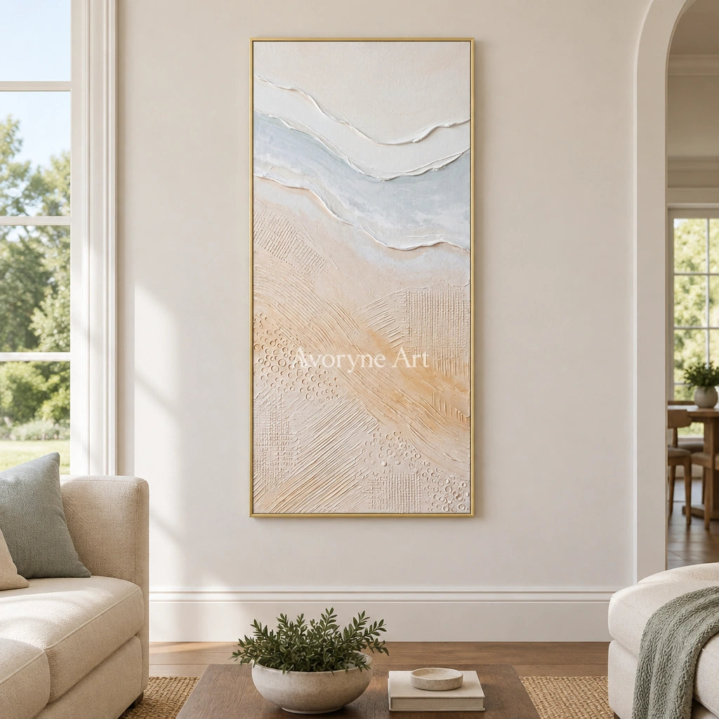 Quiet Trace ripple relief wall art with a gold frame hanging in a living room