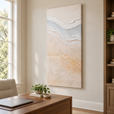 Quiet Trace ripple relief wall art as a frameless stretched canvas in a home office