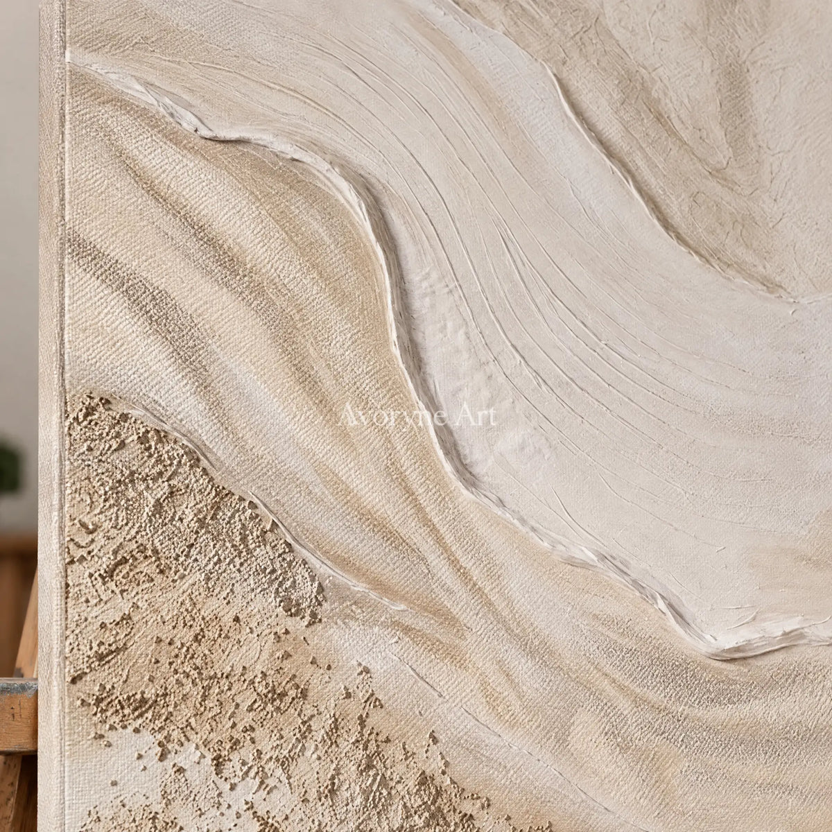 Close-up of the hand-painted texture of Quiet Story ripple relief wall art on an easel