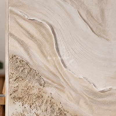 Close-up of the hand-painted texture of Quiet Story ripple relief wall art on an easel