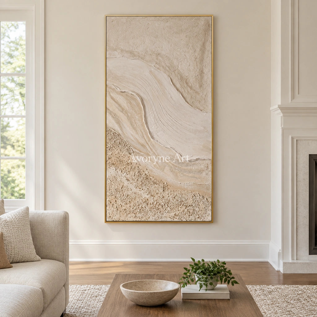 Quiet Story ripple relief wall art with a gold frame hanging in a living room