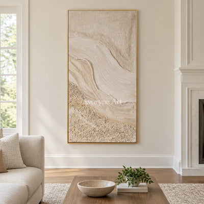 Quiet Story ripple relief wall art with a gold frame hanging in a living room