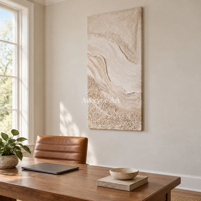Quiet Story ripple relief wall art as a frameless stretched canvas in a home office