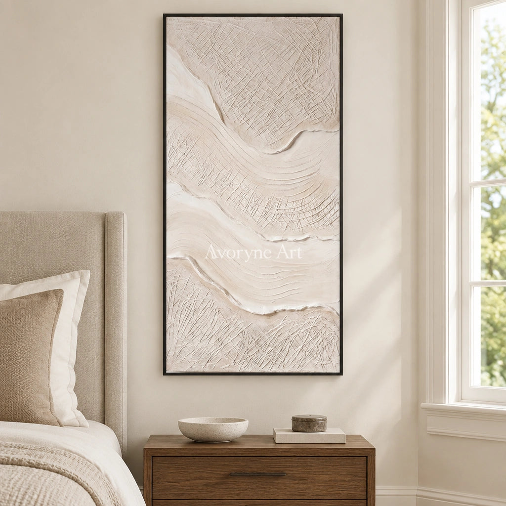 Quiet Vista ripple relief wall art with a black frame above a bed in a bedroom