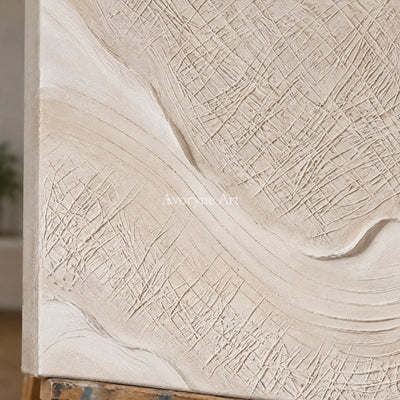 Close-up of the hand-painted texture of Quiet Vista ripple relief wall art on an easel