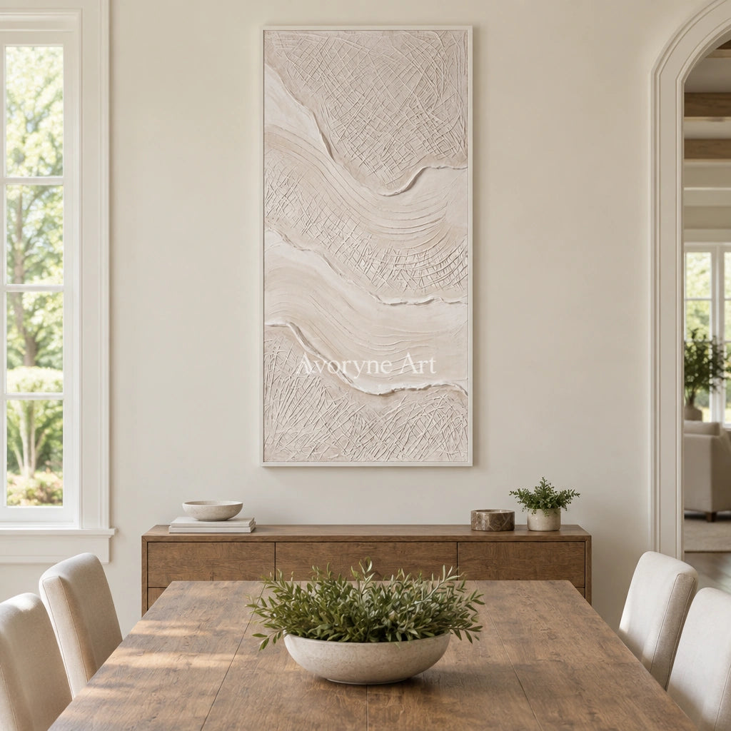 Quiet Vista ripple relief wall art with a white frame in a dining room