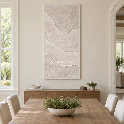 Quiet Vista ripple relief wall art with a white frame in a dining room