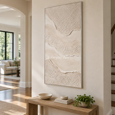Quiet Vista ripple relief wall art with a silver frame in an entryway
