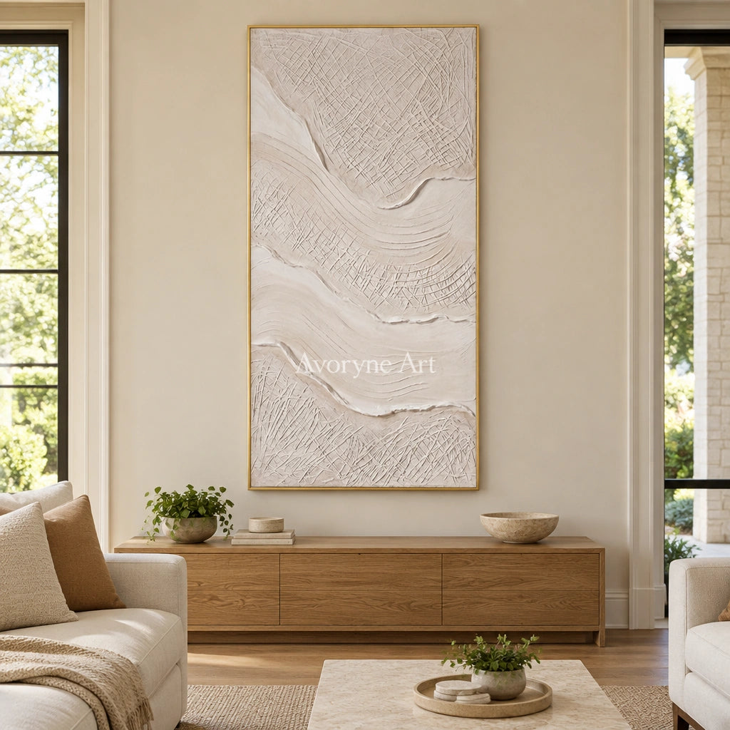 Quiet Vista ripple relief wall art with a gold frame hanging in a living room