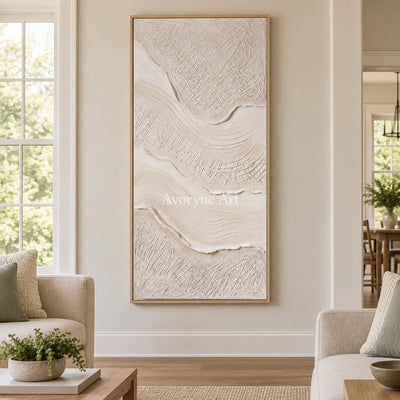 Quiet Vista ripple relief wall art with a wood frame in a villa living space