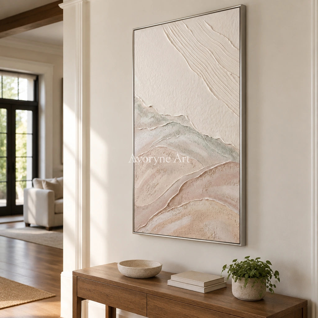 Quiet Current ripple relief wall art with a silver frame in an entryway
