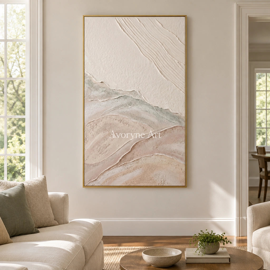 Quiet Current ripple relief wall art with a gold frame hanging in a living room