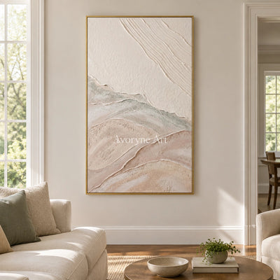 Quiet Current ripple relief wall art with a gold frame hanging in a living room