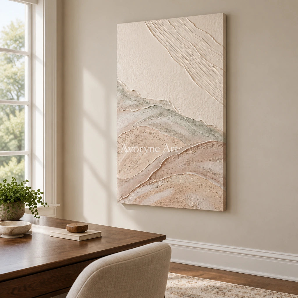 Quiet Current ripple relief wall art as a frameless stretched canvas in a home office