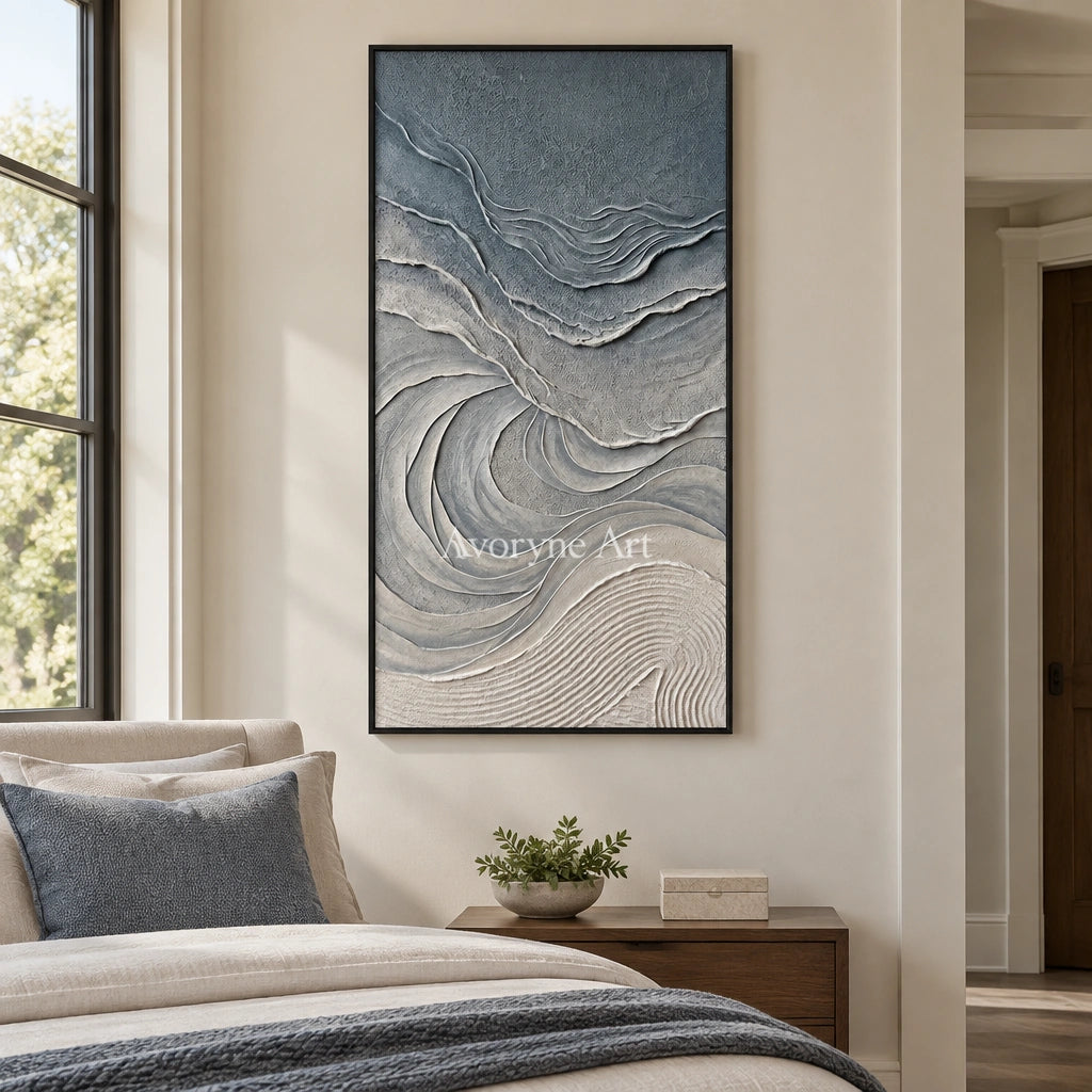 Quiet Dialogue ripple relief wall art with a black frame above a bed in a bedroom