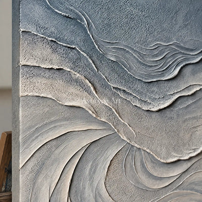 Close-up of the hand-painted texture of Quiet Dialogue ripple relief wall art on an easel