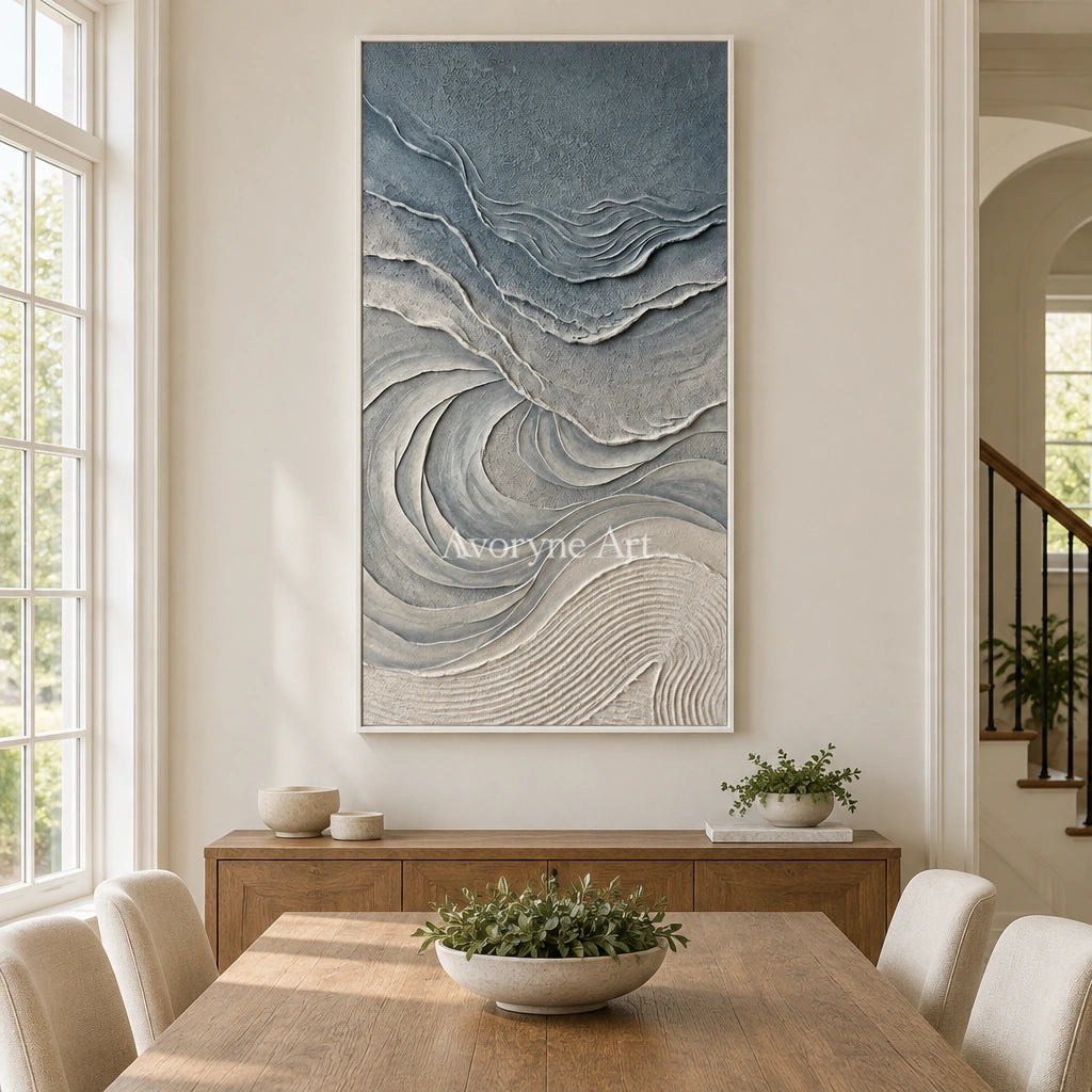 Quiet Dialogue ripple relief wall art with a white frame in a dining room