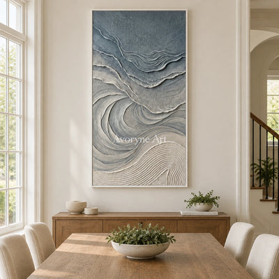Quiet Dialogue ripple relief wall art with a white frame in a dining room