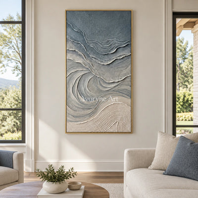 Quiet Dialogue ripple relief wall art with a gold frame hanging in a living room