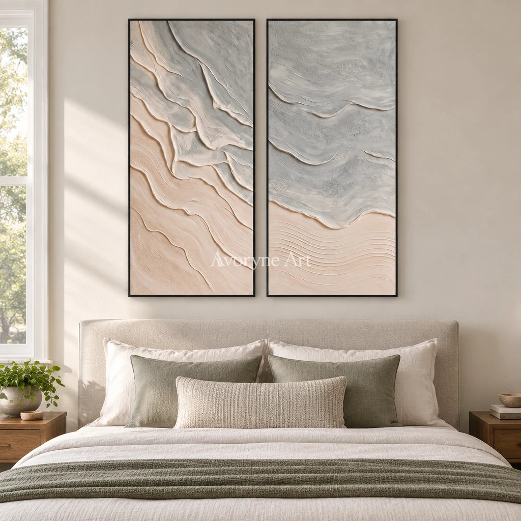 Quiet Solace ripple relief diptych with a black frame above a bed in a bedroom