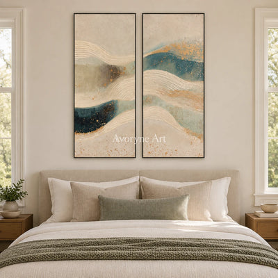 Amber Horizon ripple relief diptych with a black frame above a bed in a bedroom