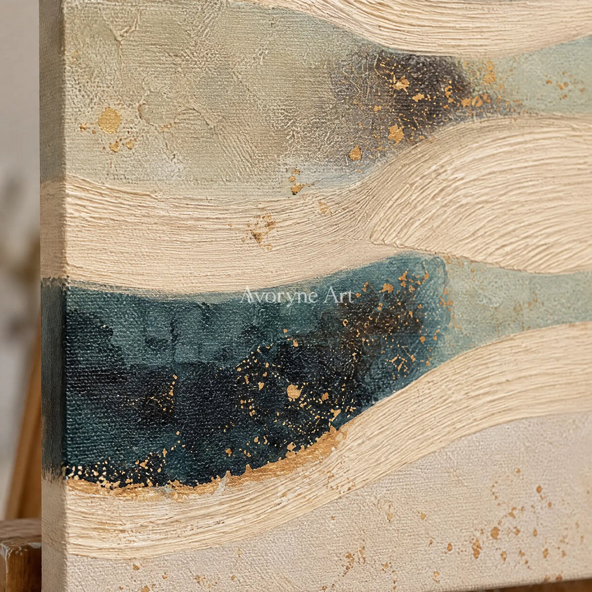 Close-up of the hand-painted texture of Amber Horizon ripple relief diptych on an easel