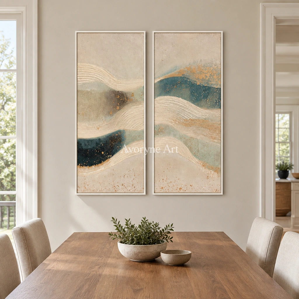 Amber Horizon ripple relief diptych with a white frame in a dining room